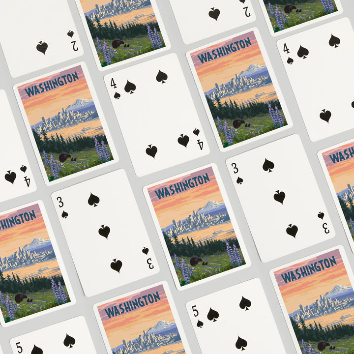 Playing Cards, Seattle, Washington, Bear and Spring Flowers, 52 Card Deck with Jokers in Box, Unique Art