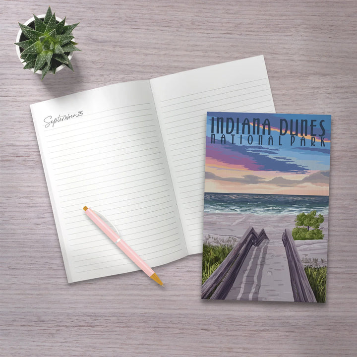 Lined 6x9 Journal, Indiana Dunes National Park, Lake Michigan, Beach Boardwalk Scene, Lay Flat, 193 Pages, FSC paper