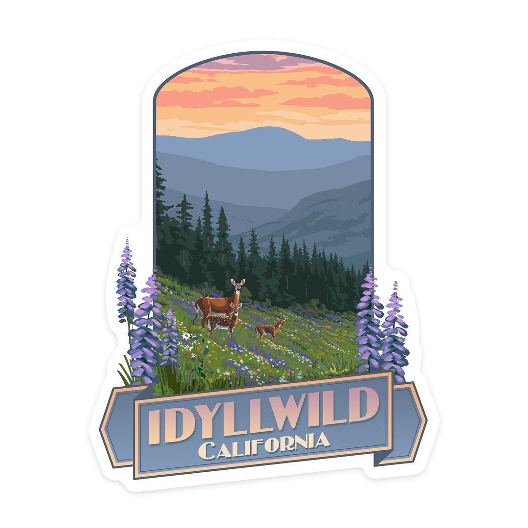 Idyllwild, California, Deer & Spring Flowers, Contour, Lantern Press Artwork, Vinyl Sticker