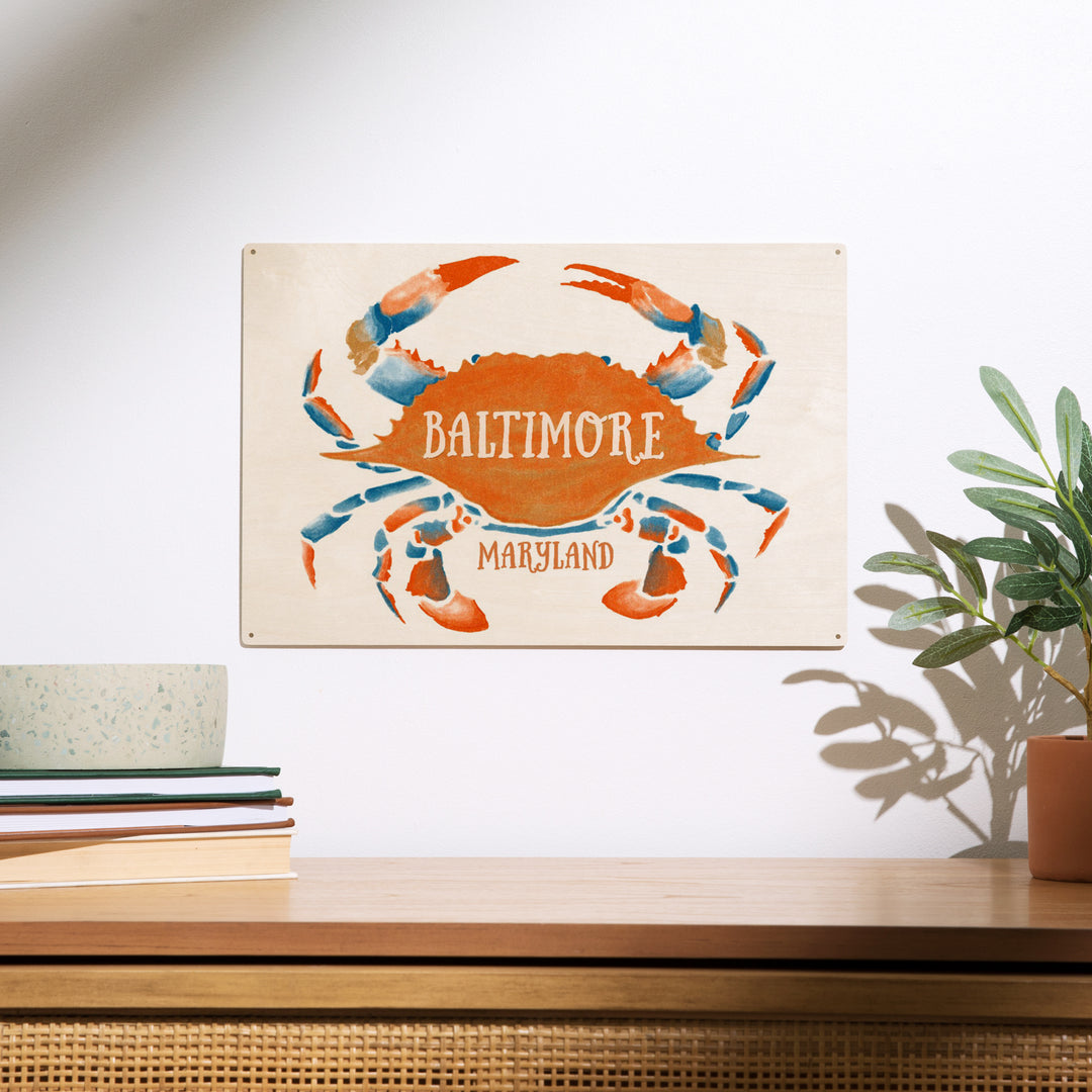 Baltimore, Maryland, Blue Crab, Blue and Orange Watercolor,, Wood Sign and Postcards