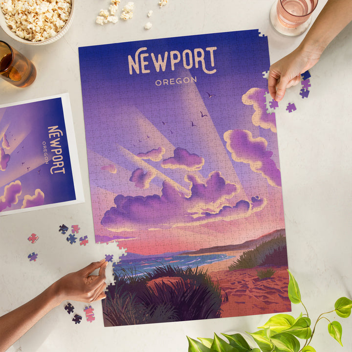 Newport, Oregon, Lithograph, New Shows Nightly, Beach Sunset, 1000 Piece Jigsaw Puzzle