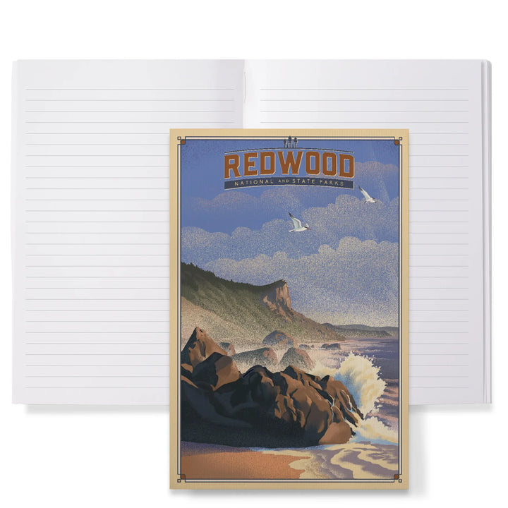 Lined 6x9 Journal, Redwood National and State Parks, California, Lithograph National Park Series, Lay Flat, 193 Pages, FSC paper