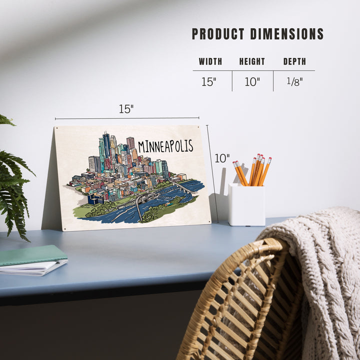 Minneapolis, Minnesota, Cityscape, Line Drawing, Wood Sign and Postcards