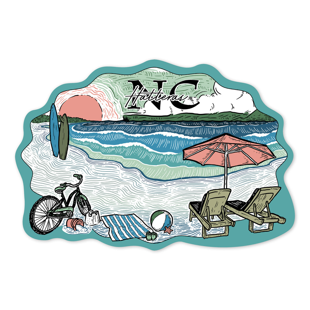 Hatteras, North Carolina, Beach Scene, Sketch, Contour, Vinyl Sticker