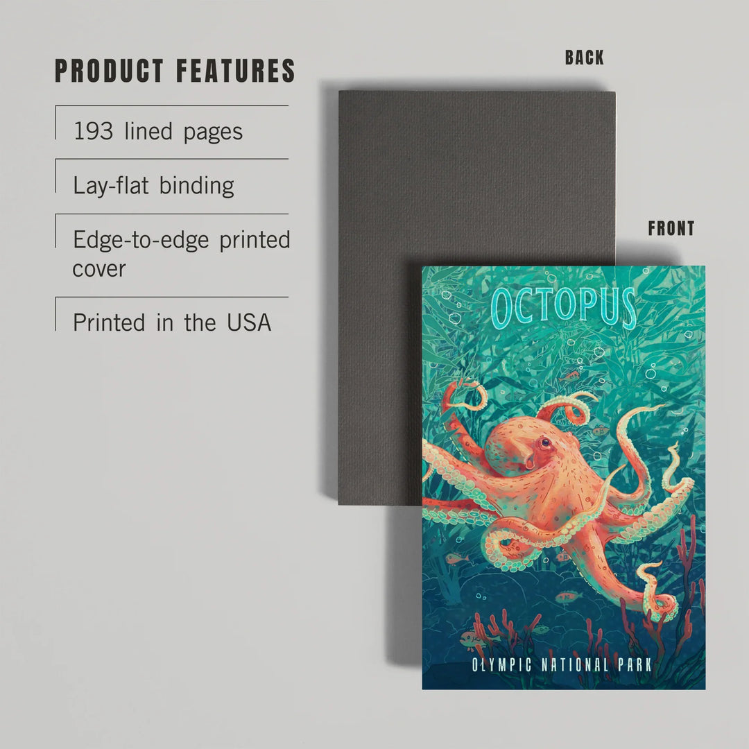 Lined 6x9 Journal, Olympic National Park, Washington, Fluid Linework, Octopus, Lay Flat, 193 Pages, FSC paper