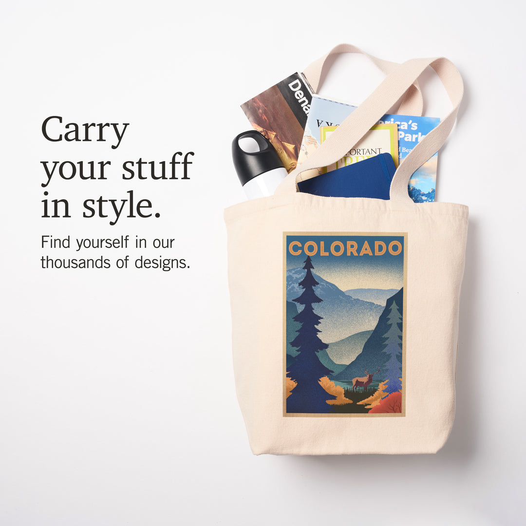 Colorado, Elk and Mountain Scene, Lithograph, Tote Bag
