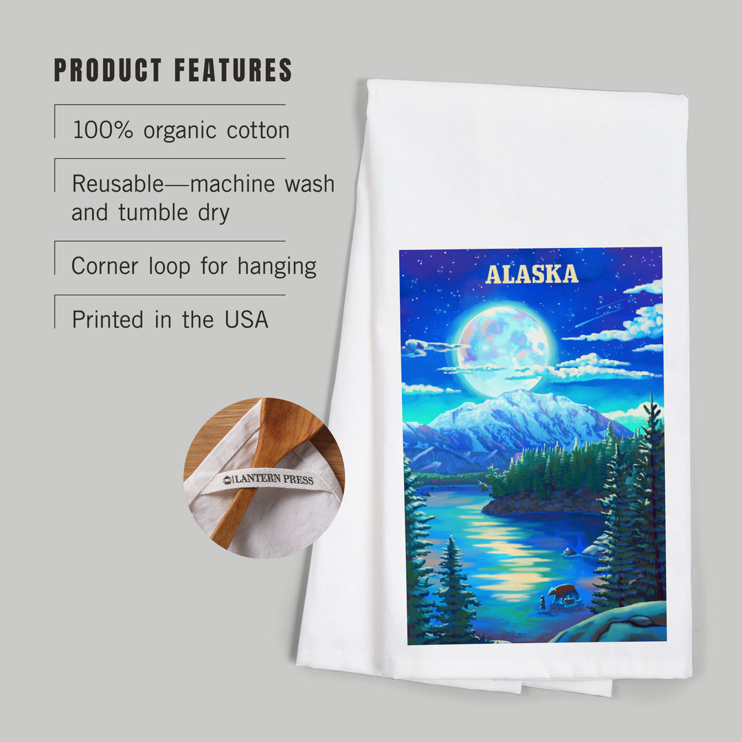 Alaska, Oil Painting, Lake and Super Moon, Organic Cotton Kitchen Tea Towels