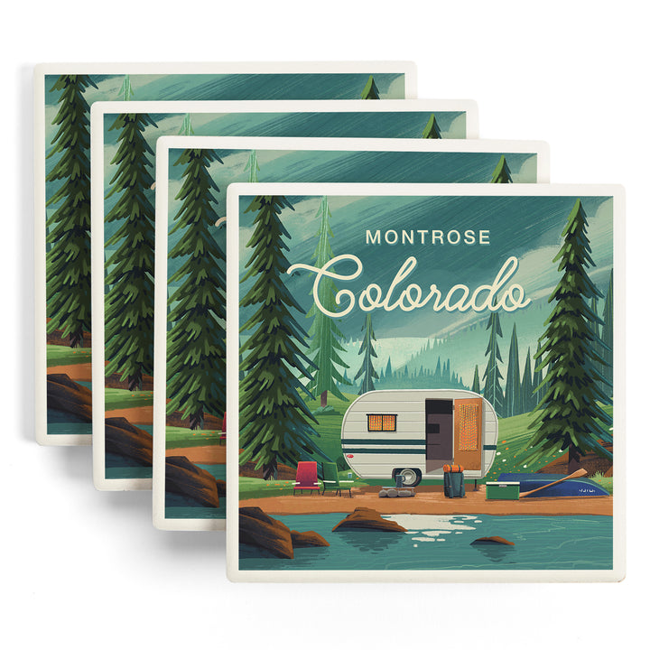 Montrose, Colorado, Outdoor Activity, At Home Anywhere, Camper in Evergreens ceramic coaster set