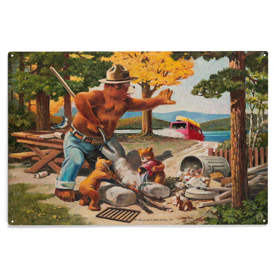 Smokey Bear, Extinguishing Left Campfire, Wood Sign and Postcards