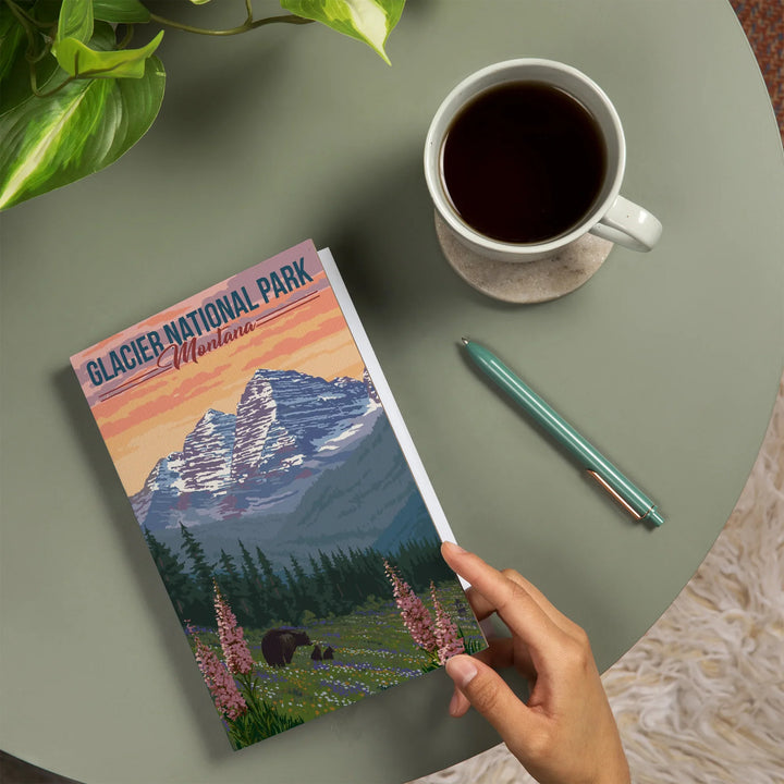 Lined 6x9 Journal, Glacier National Park, Montana, Bear and Spring Flowers, Lay Flat, 193 Pages, FSC paper