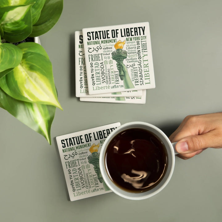 New York City, New York, Statue of Liberty, Torch, Freedom Typography, Coasters