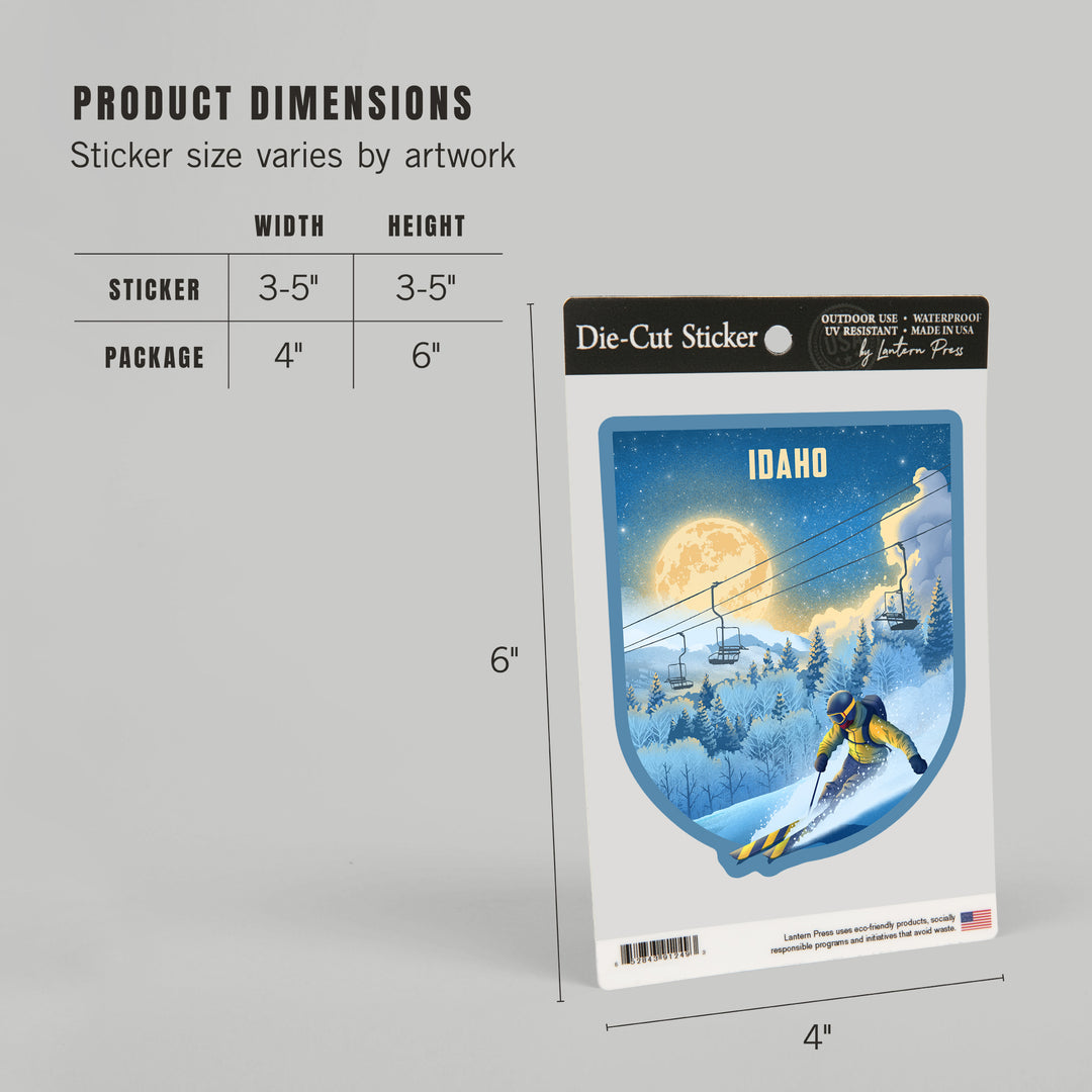 Idaho, Lithograph, Night Ski, Vinyl Sticker