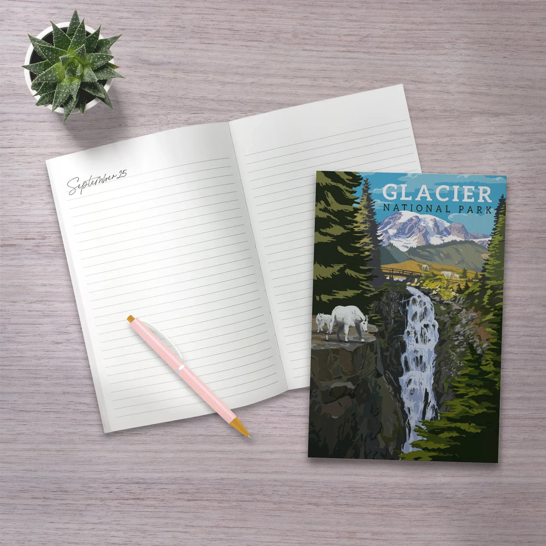 Lined 6x9 Journal, Glacier National Park, Montana, Mountain Goats and Waterfall, Lay Flat, 193 Pages, FSC paper
