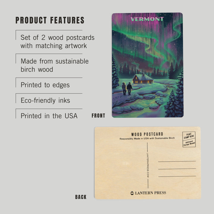 Vermont, Litho, Northern Lights and Cabin, Wood Sign and Postcards