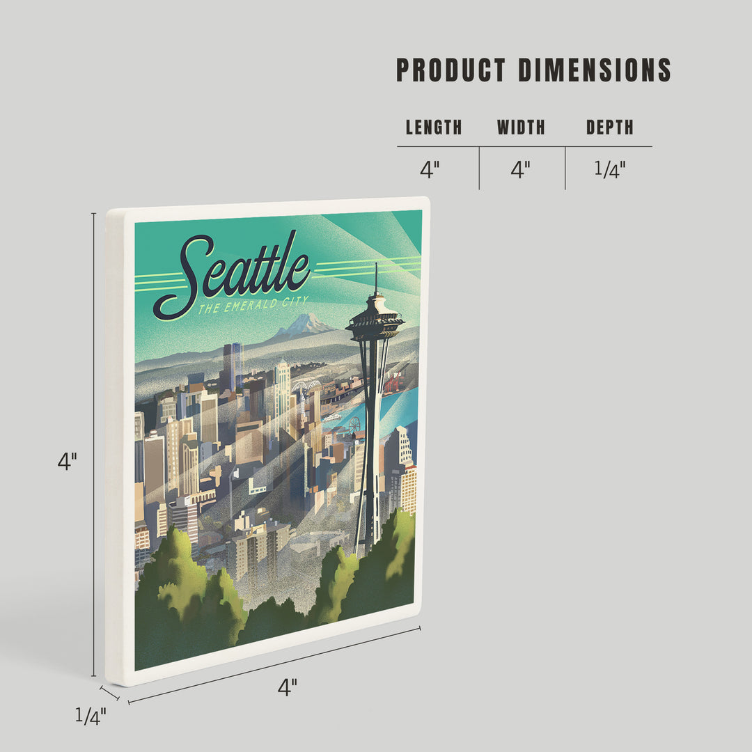 Seattle, Washington, Skyline, Lithograph, Coasters