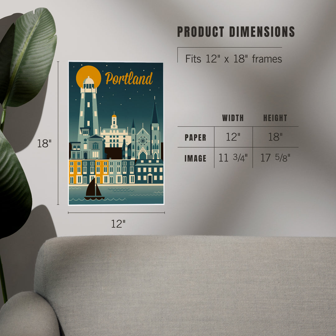 Portland, Maine, Retro Skyline, Art & Giclee Prints