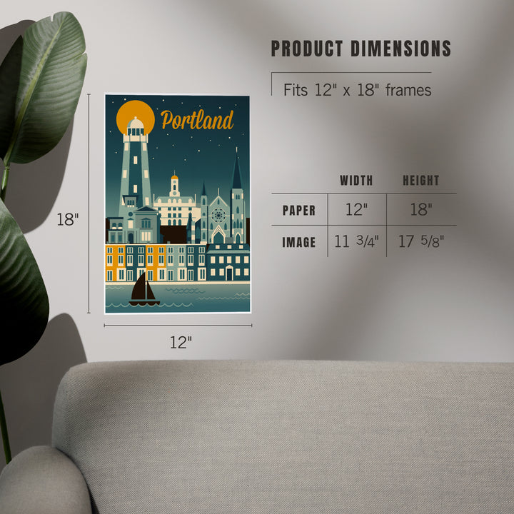 Portland, Maine, Retro Skyline, Art & Giclee Prints