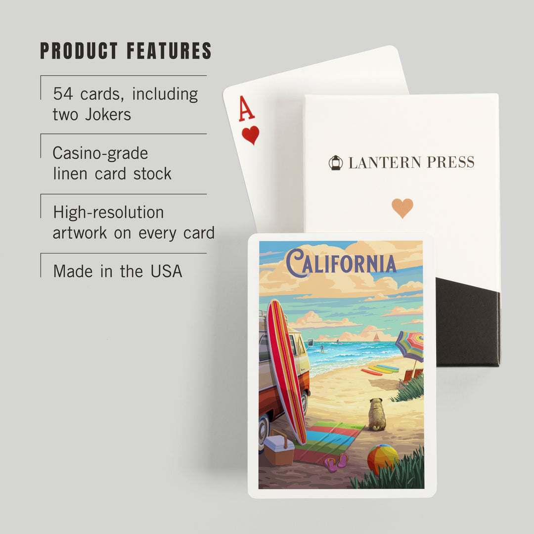 Playing Cards, California, Beach Activities, 52 Card Deck with Jokers in Box, Unique Art