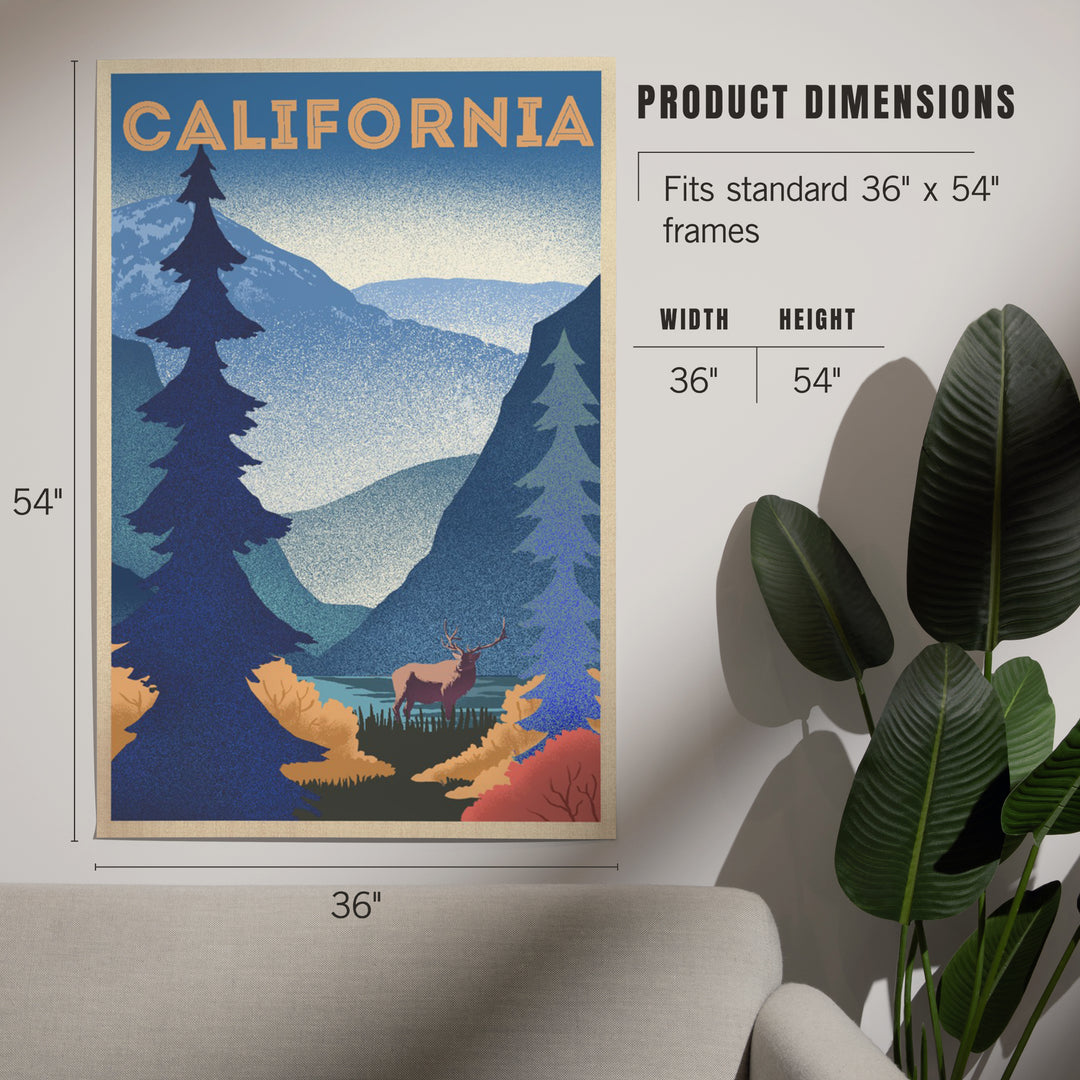 California, Elk and Mountain Scene, Lithograph, Art & Giclee Prints