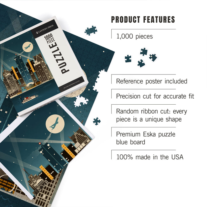 Detroit, Michigan, Retro Skyline (no text), 1000 Piece Jigsaw Puzzle