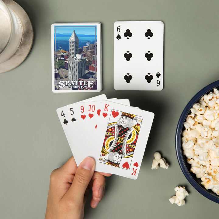 Playing Cards, Seattle, Washington, Smith Tower and Elliott Bay, 52 Card Deck with Jokers in Box, Unique Art