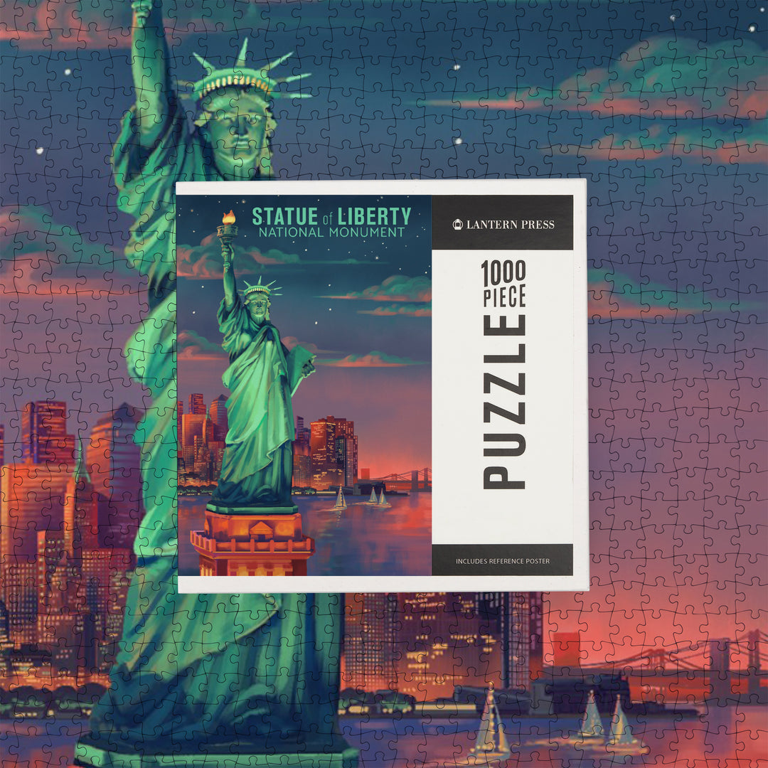 New York City, New York, Oil Painting, Sunset Statue of Liberty, Jigsaw Puzzle