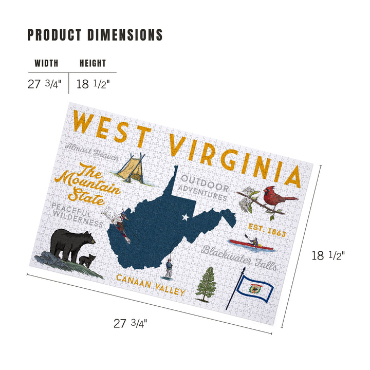 West Virginia, The Mountain State, Typography and Icons, 1000 Piece Jigsaw Puzzle