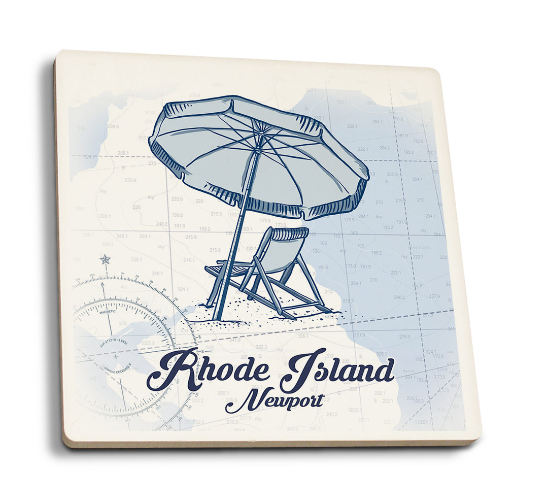 Newport, Rhode Island, Beach Chair and Umbrella, Blue, Coastal Icon, Coaster Set