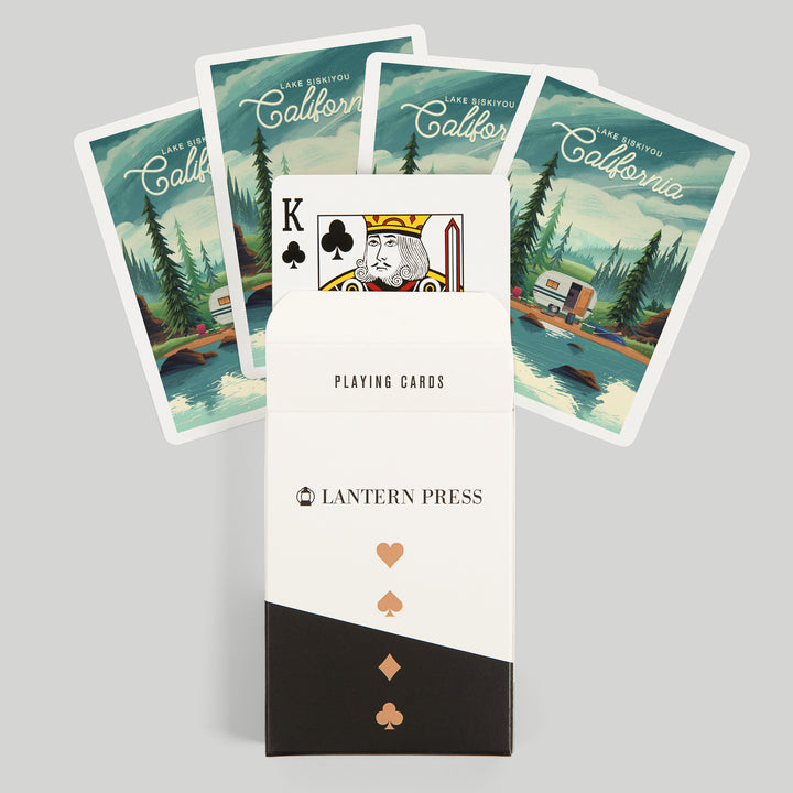 Playing Cards, Lake Siskiyou, California, Outdoor Activity, At Home Anywhere, Camper in Evergreens, 52 Card Deck with Jokers in Box, Unique Art