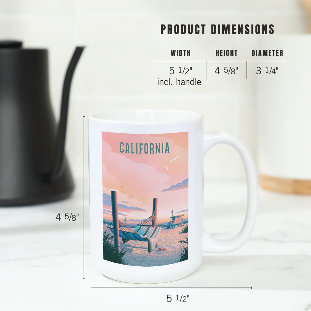 California, Lithograph, Salt Air, No Cares, Hammock on Beach, Ceramic Mug