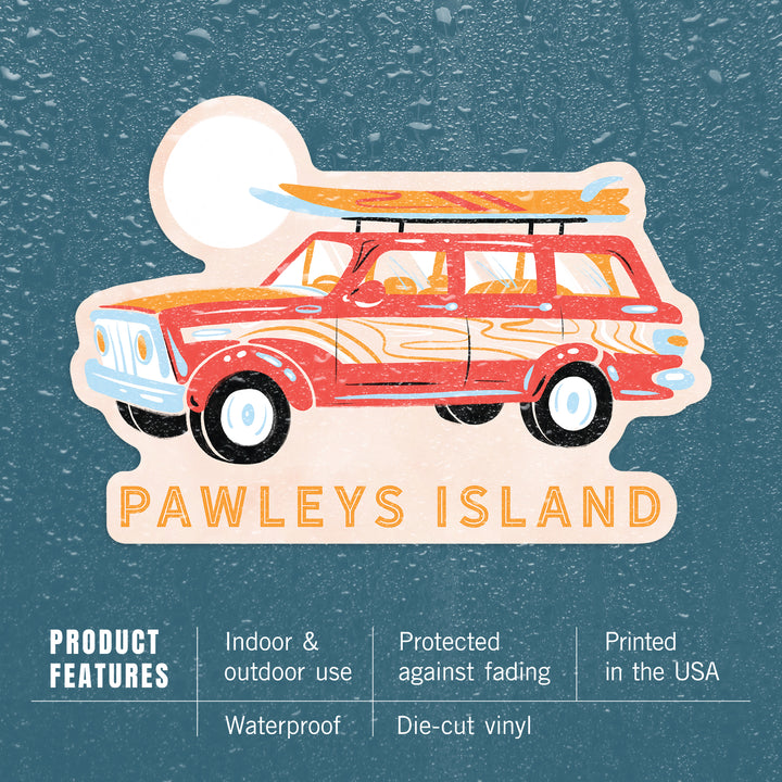 Pawleys Island, South Carolina, Secret Surf Spot Collection, Woody Wagon and Surfboards, Contour, Lantern Press Artwork, Vinyl Sticker