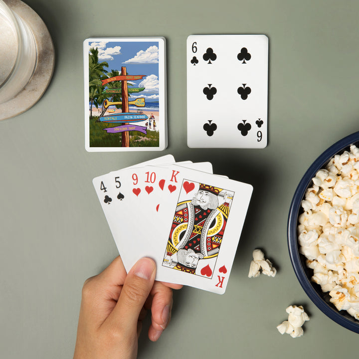 Playing Cards, Signpost, Coast Beach with Palms, 52 Card Deck with Jokers in Box, Unique Art