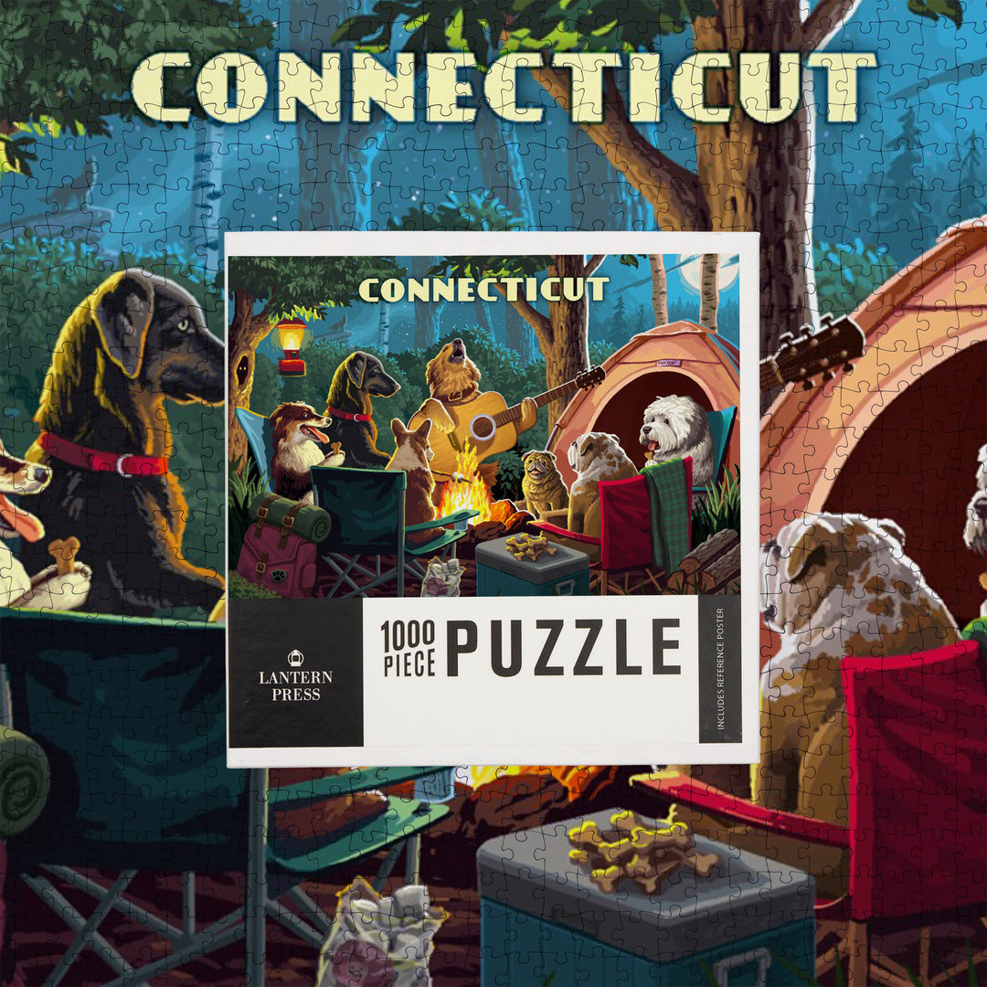 Connecticut, Painterly, Pack Life, Dogs Around Campfire, Jigsaw Puzzle