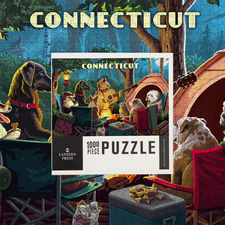 Connecticut, Painterly, Pack Life, Dogs Around Campfire, Jigsaw Puzzle