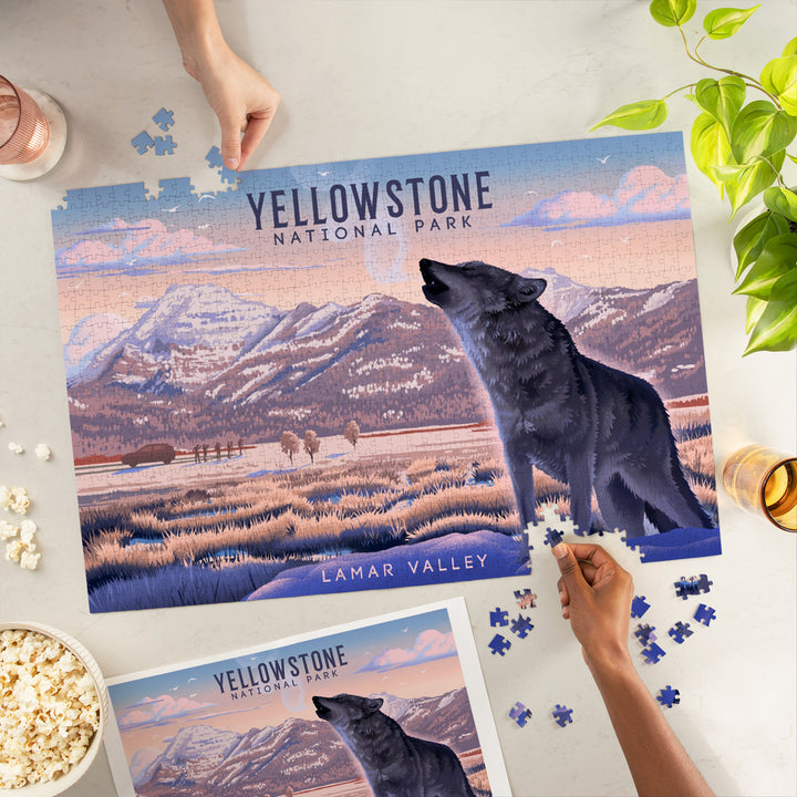 Yellowstone National Park, Wyoming, Lithograph, Lamar Valley Wolf Scene, Jigsaw Puzzle