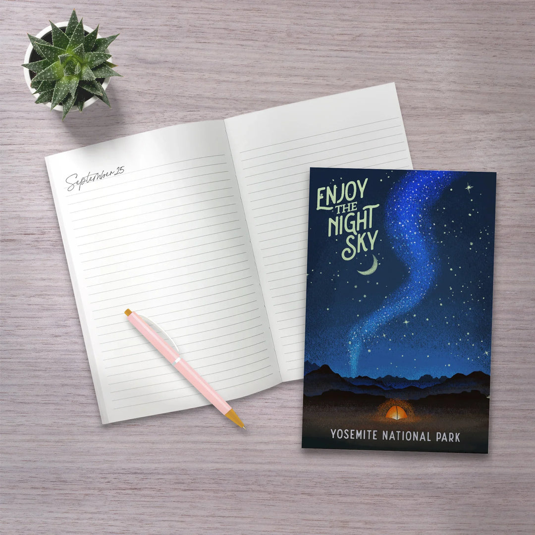 Lined 6x9 Journal, Yosemite National Park, California, Tent and Night Sky, Mid-Century Style, Lay Flat, 193 Pages, FSC paper