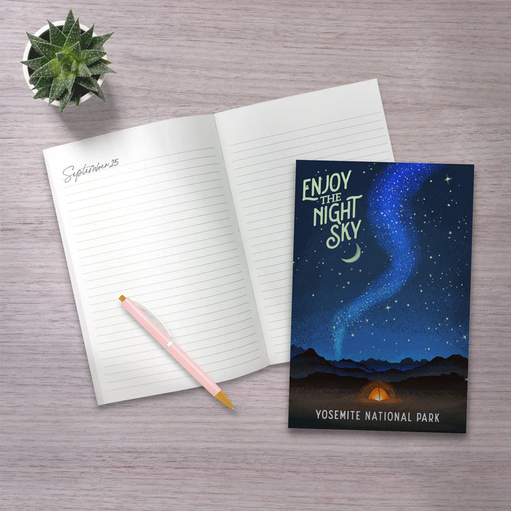 Lined 6x9 Journal, Yosemite National Park, California, Tent and Night Sky, Mid-Century Style, Lay Flat, 193 Pages, FSC paper