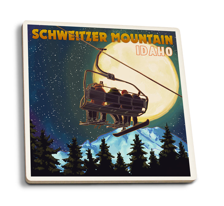 Schweitzer Mountain, Idaho, Ski Lift and Full Moon with Snowboarder, Coaster Set