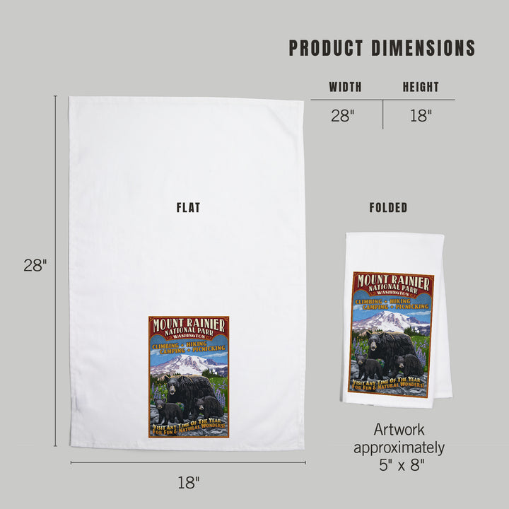 Mount Rainier National Park, Bear Family Vintage Sign, Organic Cotton Kitchen Tea Towels