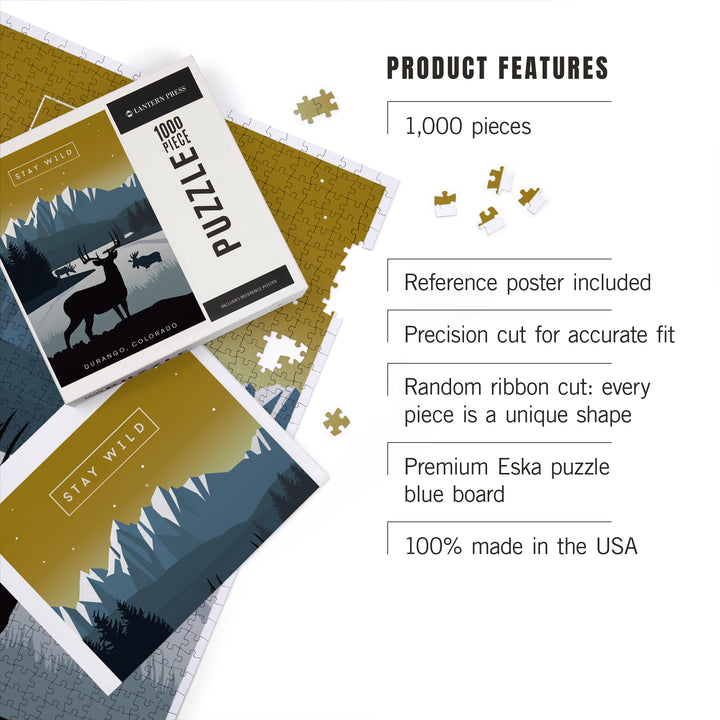 Durango, Colorado, Animal Silhouettes, Yellow and Blue, 1000 Piece Jigsaw Puzzle