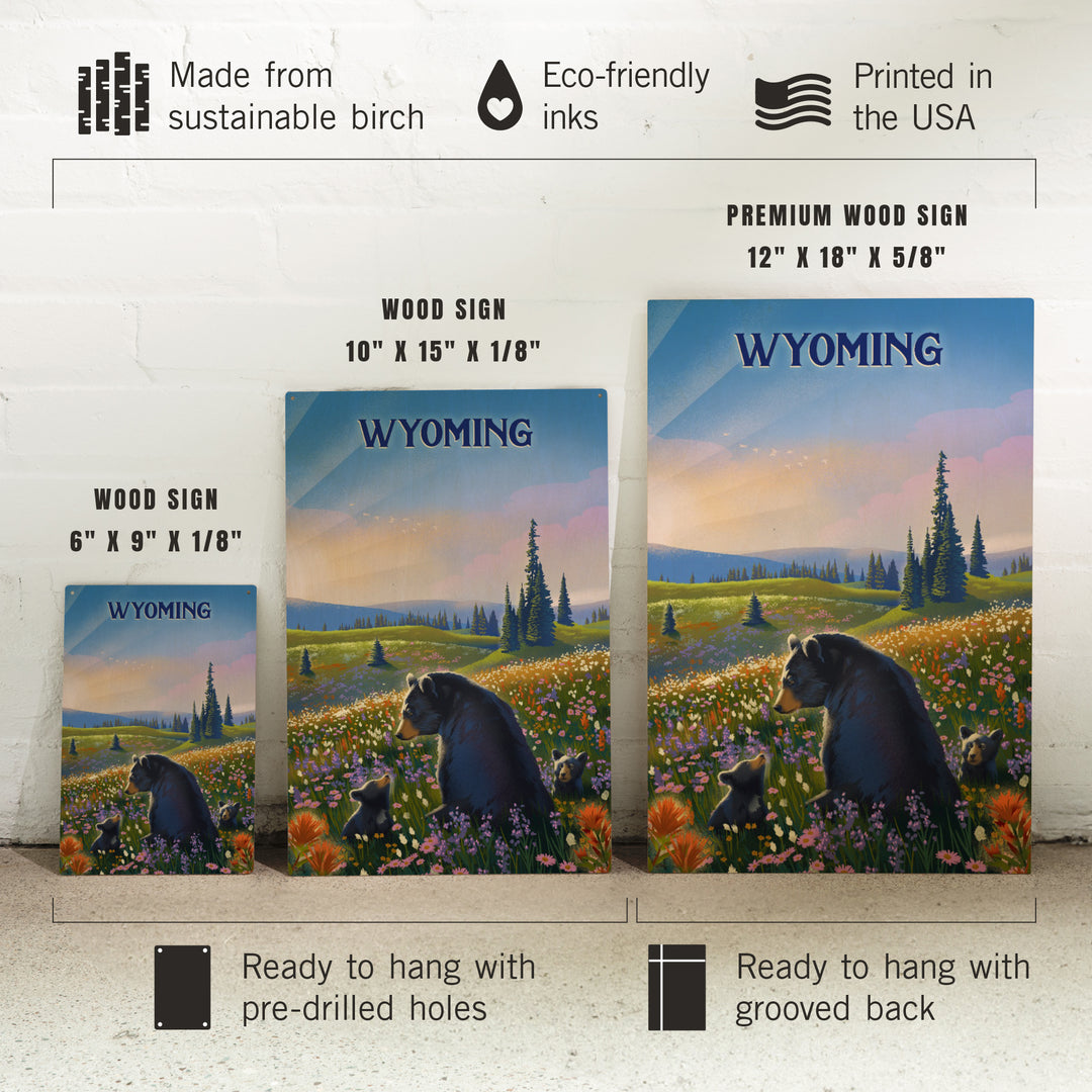 Wyoming, Lithograph, Bear Family in Field, Wood Signs and Postcards
