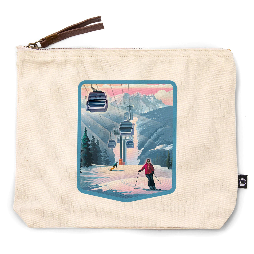 Gondolas and Ski Hill, Lithograph, Organic Cotton Zipper Pouch, Go Bag