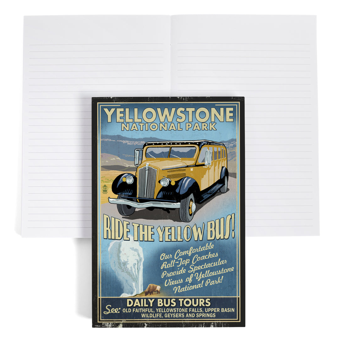 Lined 6x9 Journal, Yellowstone National Park, Wyoming, Vintage Sign, Yellow Bus, Lay Flat, 193 Pages, FSC paper