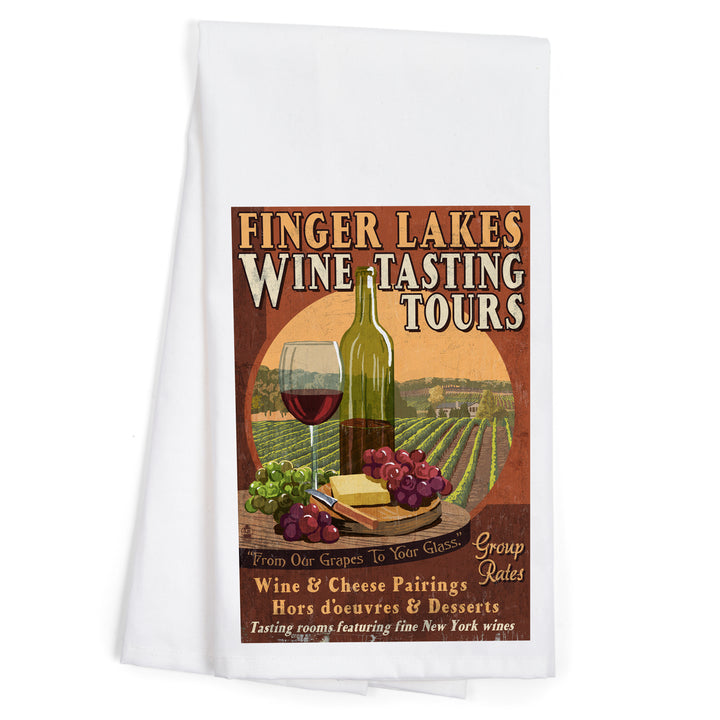 Finger Lakes, New York, Wine Tasting Vintage Sign, Organic Cotton Kitchen Tea Towels