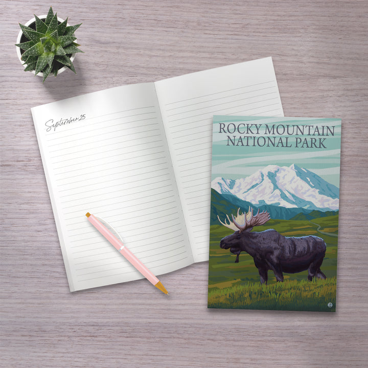 Lined 6x9 Journal, Rocky Mountain National Park, Colorado, Moose and Snowy Mountain, Lay Flat, 193 Pages, FSC paper