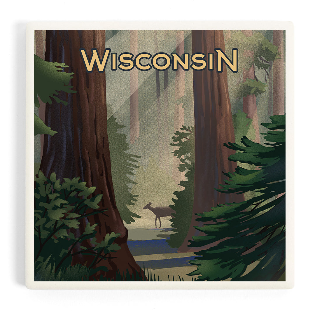 Wisconsin, Lithograph, Deer in Forest, Coasters