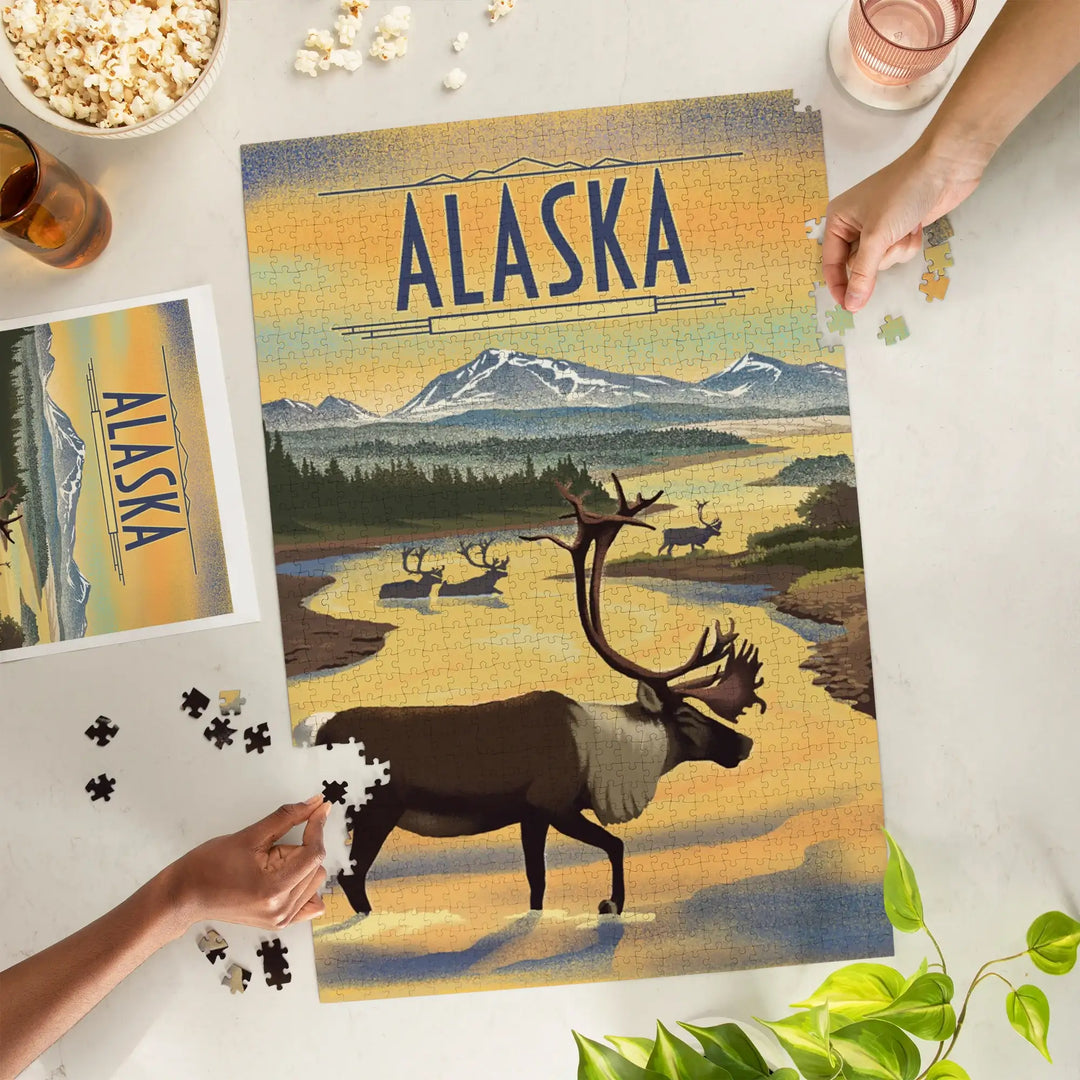 Alaska, Lithograph, Caribou, Jigsaw Puzzle