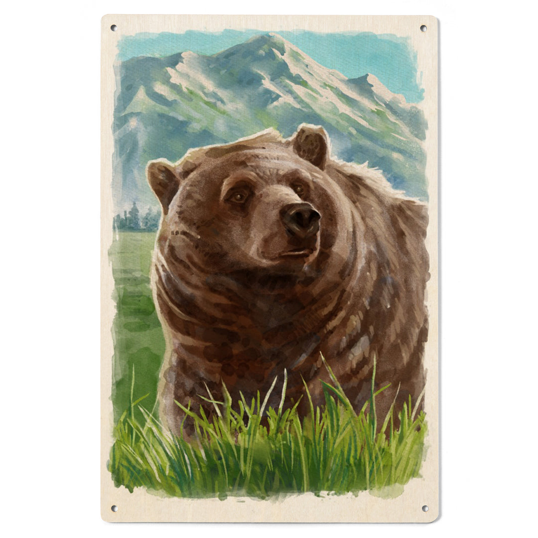 Watercolor Study, Grizzly Bear with Mountain, Wood Signs and Postcards