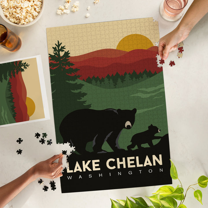 Lake Chelan, Washington, Bear and Cub, Vector, Fall Colors, Jigsaw Puzzle