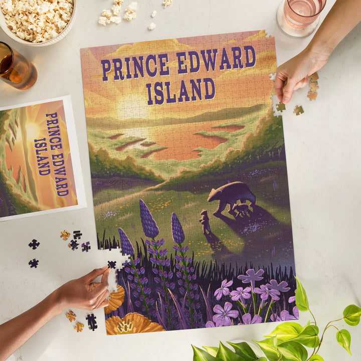 Prince Edward Island, Lithograph, Bear and Spring Flowers, Lake, Jigsaw Puzzle